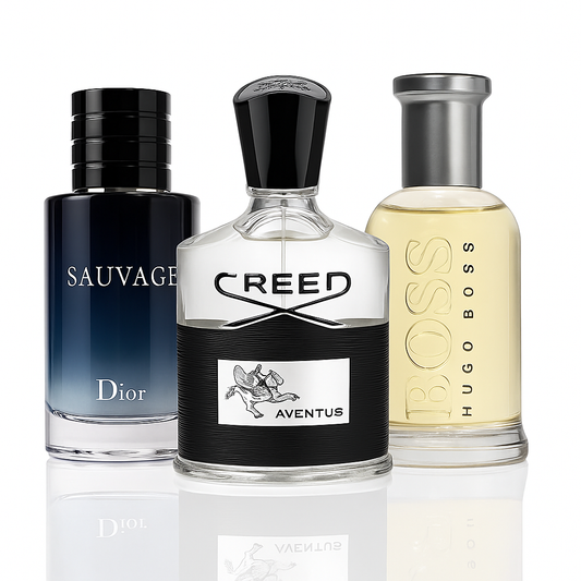Combo aus 3 Herrenparfums – Creed Aventus, Dior Sauvage und Hugo Boss Bottled