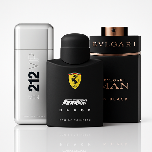 Combo aus 3 Herrenparfums – 212 VIP Men, Ferrari Black und Bvlgari In Black